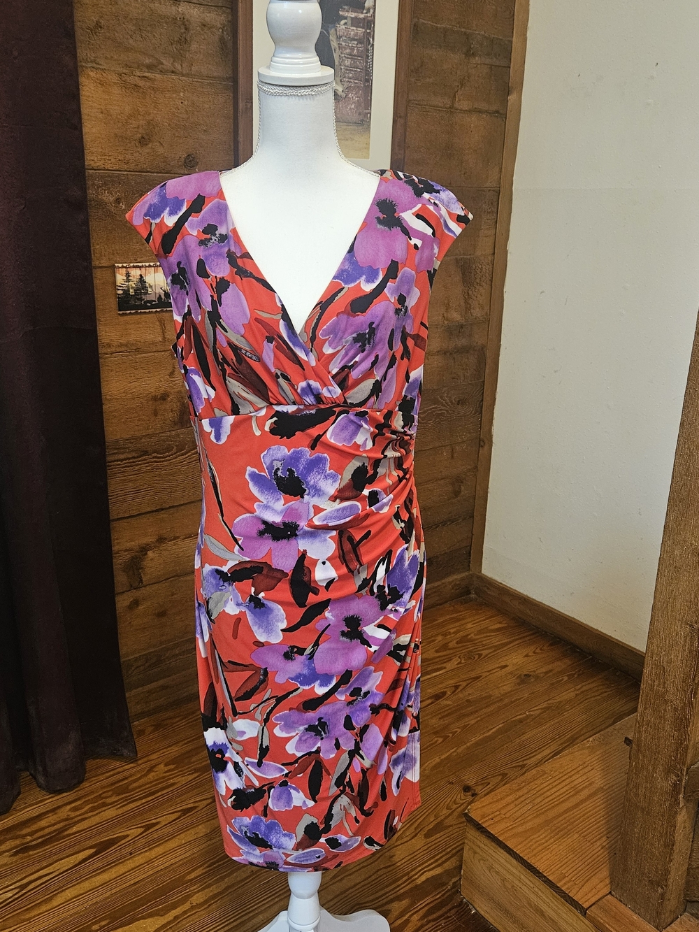 Ralph Lauren Red Floral V-Neck Midi Dress with Purple Accents